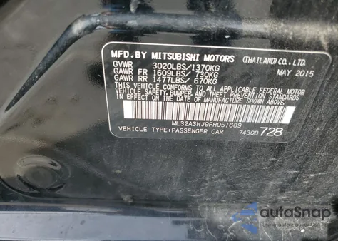 2015 Mitsubishi Mirage De from USA, damaged, VIN ML32A3HJ9FH051689